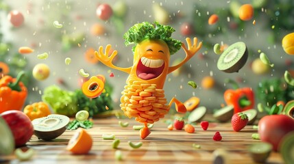 A whimsical character made of fruits and vegetables dancing, representing the joy of eating a micronutrientrich diet