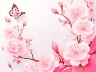 A branch of flowering cherries, a butterfly flies. There is a place for the text