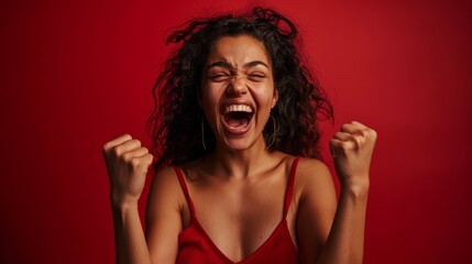 Excited woman celebrating with curly hair in red dress. Studio photography with red background.