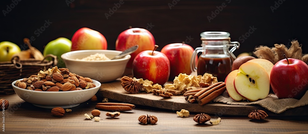 Poster Apples, nuts, honey, and honey butter on table