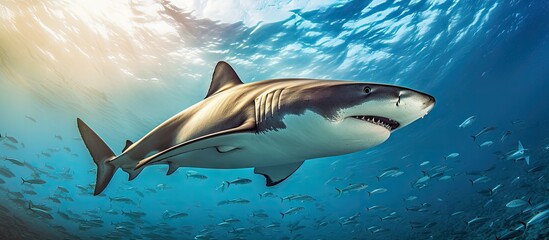Obraz na płótnie Canvas Shark swimming among many fish in ocean