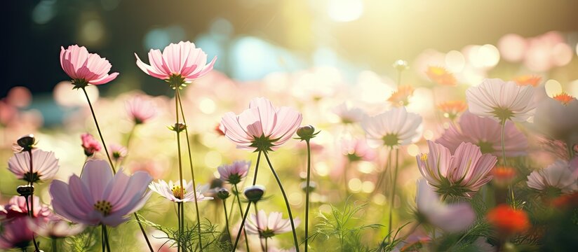 Sunlit field of blooming flowers