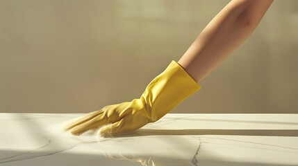 the hand of a woman clad in a glove meticulously wipes dust off a table with a rag, against a light background, depicting a realistic scene of domestic cleanliness.