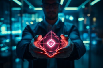 A man is holding a transparent cube with a bright red light inside, surrounded by a blurry background of blue neon lights