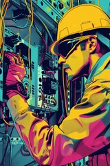 A man in a hard hat is seen working on a machine, conducting a thermal imaging inspection. He is focused and intent on his task, ensuring the equipments functionality and safety