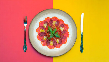 Carpaccio, knife and fork with coloured background and minimalist style