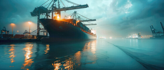 Fototapeta premium Sea delivery shipment cargo ship loaded with containers stack boxes in port. Logistic shipping transport company, freight business industry, international commercial trade concept background.