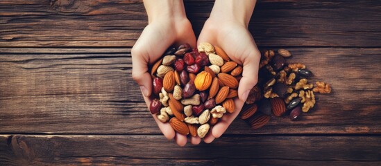 Person holding a handful of assorted nuts - obrazy, fototapety, plakaty