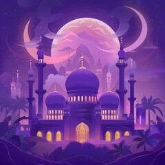 clouds, night moon, purple moon, Moon, Eid Ul Fitr celebration image including a mosque, Masjid sunset, clouds, in the sky, Ramazan, Praying, 2024 Ramazan, eid 2024, AI-Generated - obrazy, fototapety, plakaty