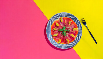 Carpaccio with coloured background and minimalist style