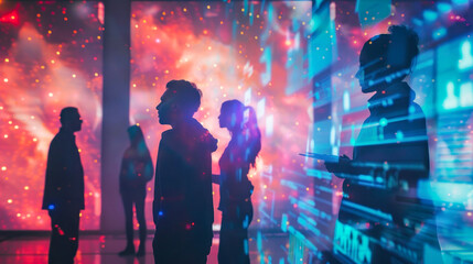 A techno-themed party with individuals immersed in a vibrant neon-lit environment, projecting a futuristic vibe