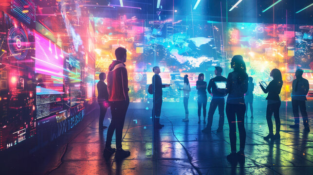 People In Silhouettes Surrounded By Mesmerizing Bright Screens Of Futuristic Digital Data