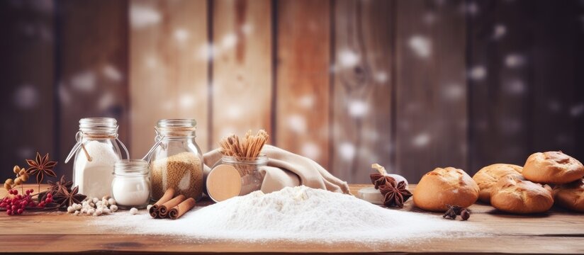 A table displaying bread, flour, and assorted spices