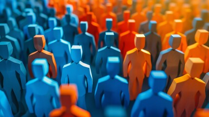 A group of small blue and orange paper people standing in a line, AI