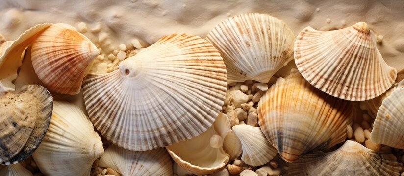 Shells scattered on sandy shore