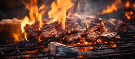 Fototapeta premium Flames grilling closeup with meat on the grill
