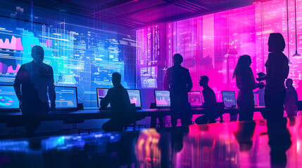 A team of professionals engage in cybersecurity operations inside a vibrant digital operations center