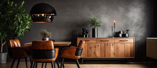 Black chairs and table in dining room with wooden wall