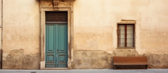 Fototapeta na wymiar European building entrance with vintage blue door