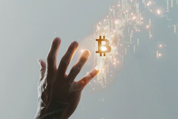 hand reaching out to touch a glowing bitcoin symbol suspended in mid air with digital code swirling around on white background. technology and finance in the digital age concept. 