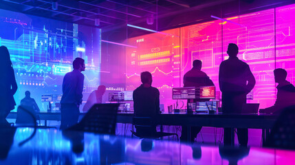 Silhouetted figures stand amidst screens showing data and graphics in an advanced command center
