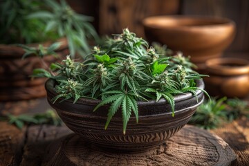 A rustic-style wooden bowl filled with dense cannabis flower buds on a vintage wooden backdrop