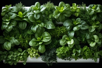 A variety of green herbs growing densely in a vertical planter. The vibrant foliage showcases the health and growth of each plant. - Powered by Adobe