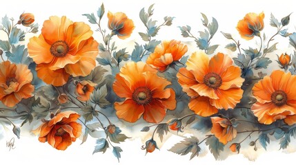 Flowers and Leaves Painting on White Background - obrazy, fototapety, plakaty