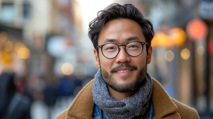 Fototapeta premium Amidst the hustle and bustle of a bustling city street, a professional confidently flashes a bright smile, the subtle glint of braces adding a touch of sophistication to their char