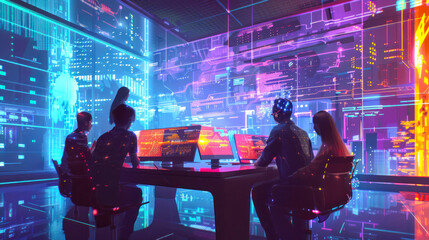 Team of professionals work at advanced computer terminals in a control center with neon aesthetic and futuristic interface