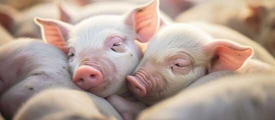 Two pigs sleeping together in a piggery - obrazy, fototapety, plakaty