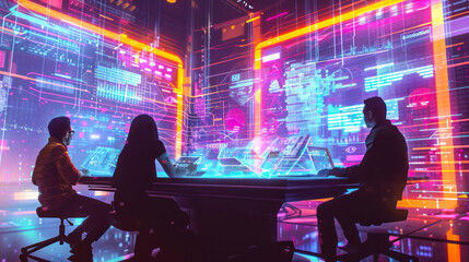 Skilled team collaborates in front of holographic displays filled with data and digital interfaces in a high tech workspace