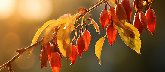 Many red and yellow leaves on a branch - Powered by Adobe