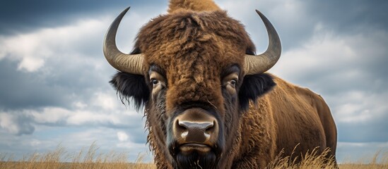 Large buffalo in a field with cloudy sky - obrazy, fototapety, plakaty