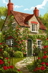 Fototapeta na wymiar A painting depicting a quaint English cottage covered in ivy and roses, nestled among a colorful array of blooming flowers in a beautiful garden setting