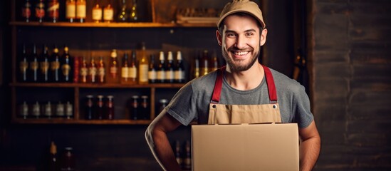 Man in hat and apron smiling while holding box