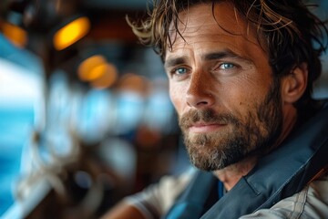 A portrait of a confident sea captain with sharp blue eyes and a charismatic aura - obrazy, fototapety, plakaty
