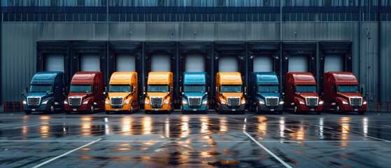 Transport delivery shipment cargo trucks vehicles parked on road. Business distribution express service. Cargo freight lorry distribution, transportation delivering logistic commercial industry.