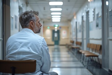 A male doctor sits in contemplation in a brightly lit hospital hallway, suggesting themes of healthcare and waiting