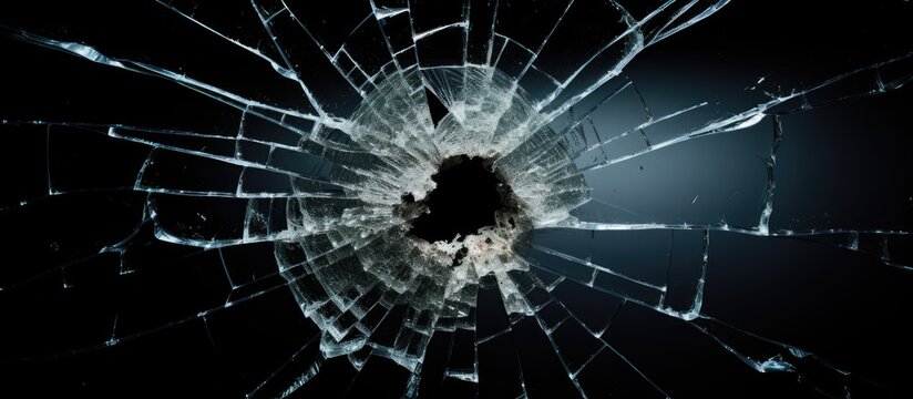 Bullet hole in shattered glass on black surface
