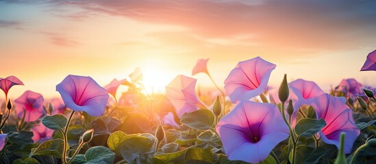 Purple flowers in a field with the sun setting