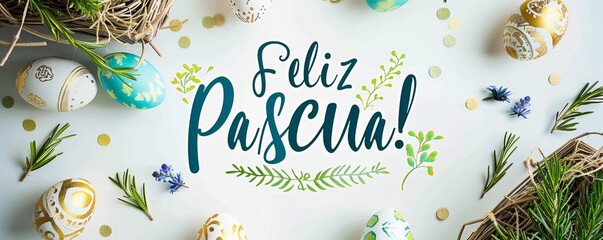 Feliz Pascua - Happy Easter in Spanish. Abstract background with painted Easter eggs and flowers. Easter concept background. Lettering calligraphy text. - obrazy, fototapety, plakaty