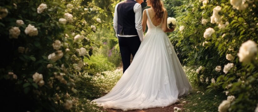 Bride and groom strolling through a garden filled with white blooms