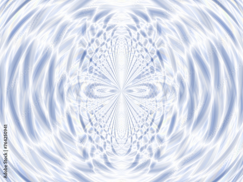 Poster blue and white background with symmetrical pattern, oval and round shapes and effect of rays in moti