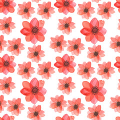 Seamless Japanese anemone pattern, red and pink flowers, Watercolor delicate and matte flowers highlighted on a white background