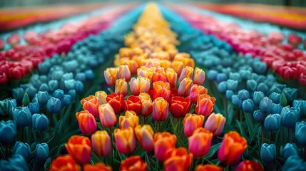 Fotobehang Colorful Rows of Tulips in a Field © olegganko