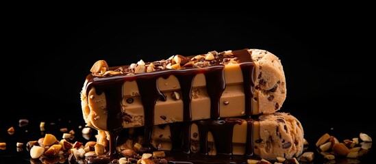 Chocolate-covered ice cream bar with nuts and chocolate sauce