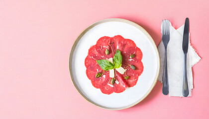 Carpaccio, knife and fork with coloured background and minimalist style