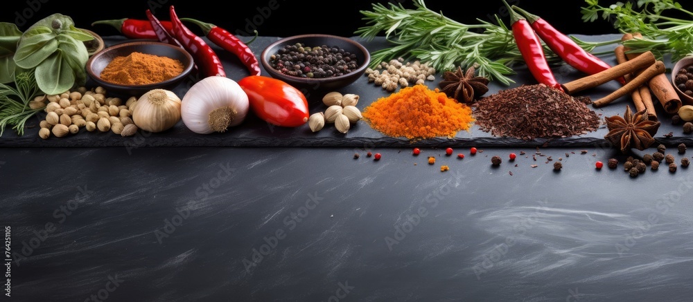 Sticker Various spices and herbs on a close-up table