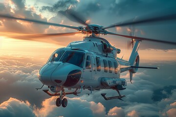 A majestic helicopter hovers amidst a breathtaking sunset sky, with clouds surrounding it in a serene display - obrazy, fototapety, plakaty